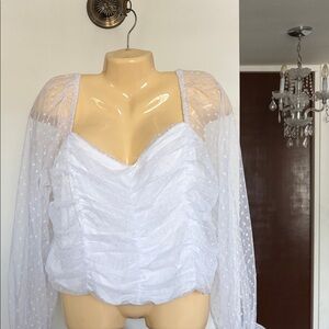 Elegant White Ruched Blouse with Sheer Sleeves